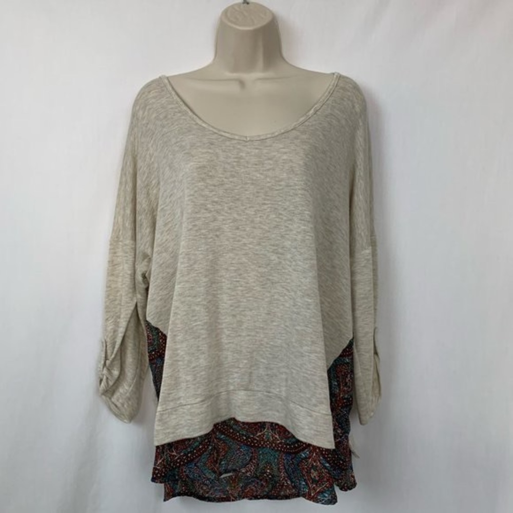Bobeau Blouse Size Large Tunic Roll Tab Sleeve Grey Polyester